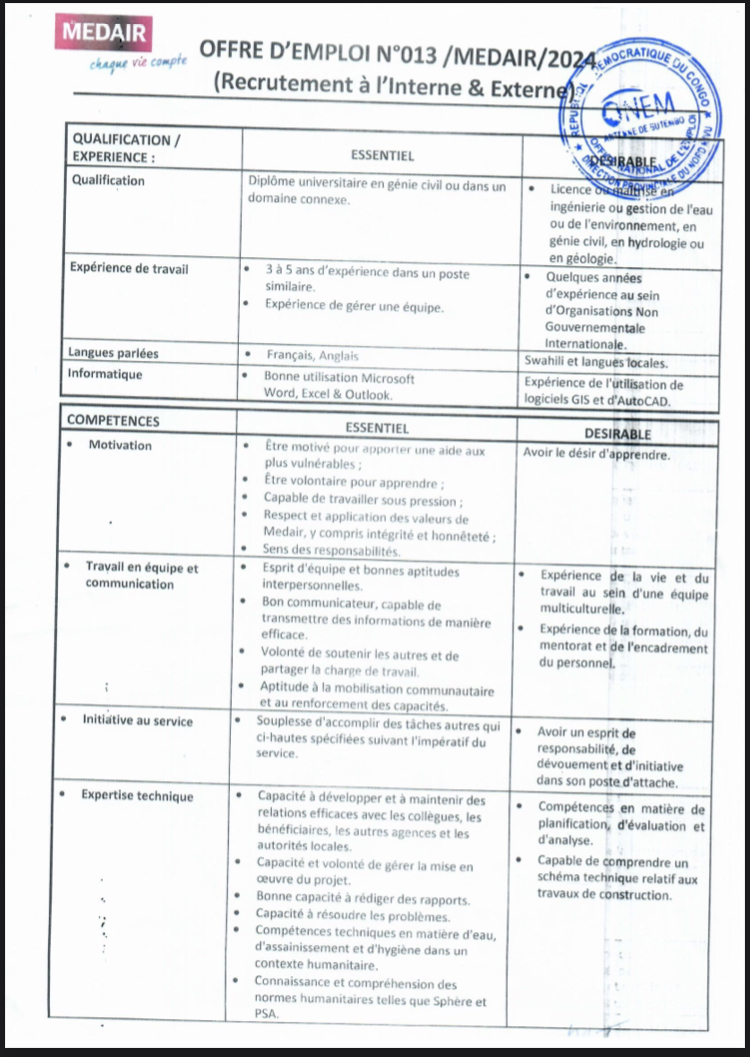 Offre D’emplois : MEDAIR recrute un chef de projet Wash