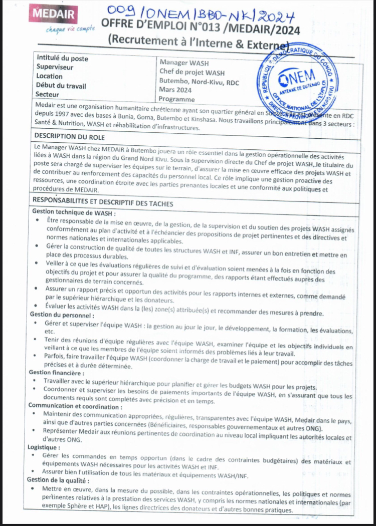 Offre D’emplois : MEDAIR recrute un chef de projet Wash