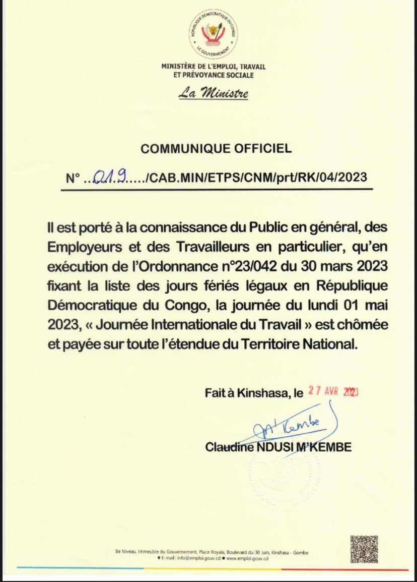 RDC : “La journée du 1er mai dédiée au travail, déclarée chômée et payée” (Claudine Ndusi)