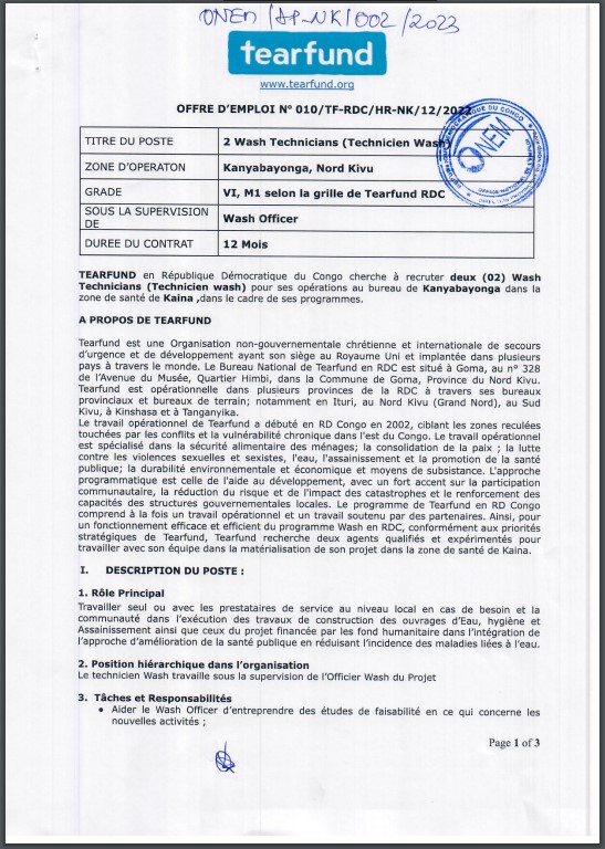 OFFRE D'EMPLOI : TEARFUND recrute 2 Wash Technicians (Technicien Wash)