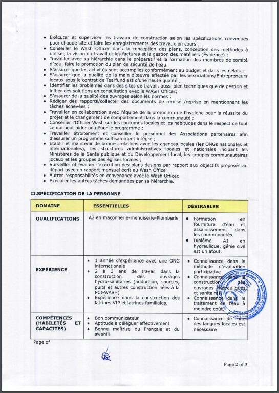 OFFRE D'EMPLOI : TEARFUND recrute 2 Wash Technicians (Technicien Wash)