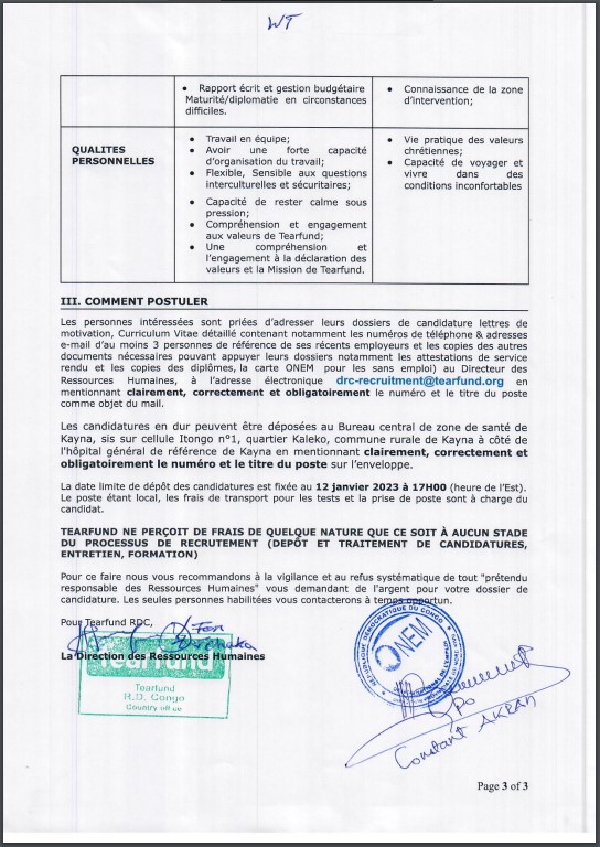 OFFRE D'EMPLOI : TEARFUND recrute 2 Wash Technicians (Technicien Wash)