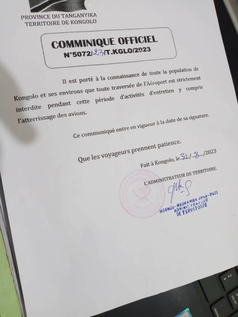 Tanganyika : Suite aux activités d'entretien, toutes les activités suspendues à l'aéroport de Kongolo