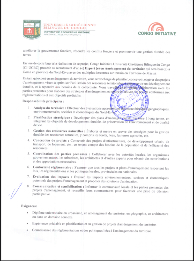 OFFRE D’EMPLOI : UCBC recrute un expert (e) en Aménagement du territoire