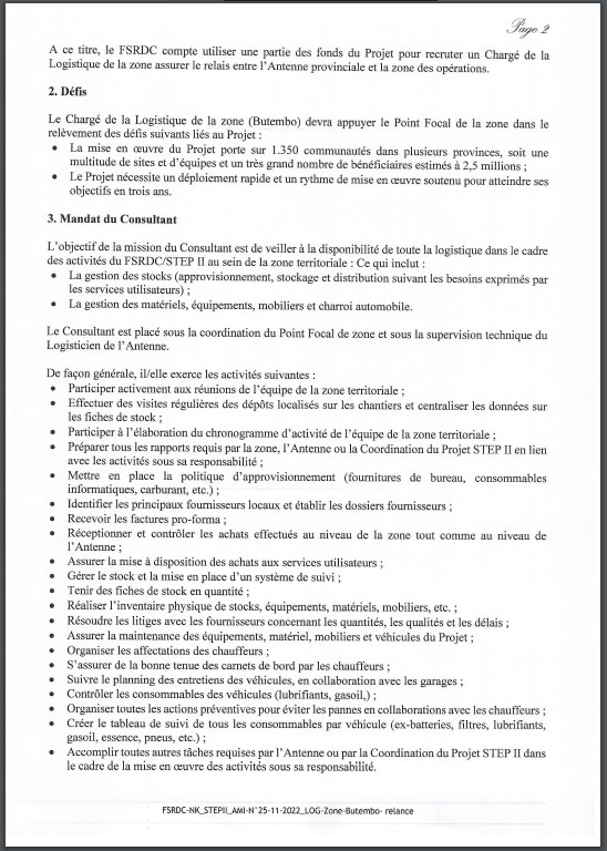 OFFRE D'EMPLOI : Le FSRDC recrute un charger de logistique de l'Unité Provinciale de Gestion du Projet STEP II