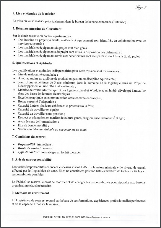 OFFRE D'EMPLOI : Le FSRDC recrute un charger de logistique de l'Unité Provinciale de Gestion du Projet STEP II