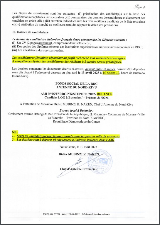 OFFRE D'EMPLOI : Le FSRDC recrute un charger de logistique de l'Unité Provinciale de Gestion du Projet STEP II