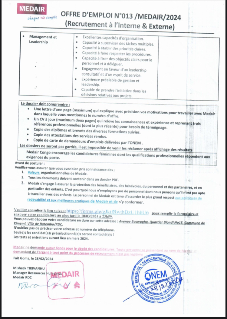 Offre D’emplois : MEDAIR recrute un chef de projet Wash