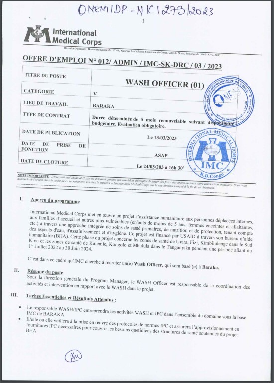 OFFRE D'EMPLOI : International Media Corps recrute un Wash Officer