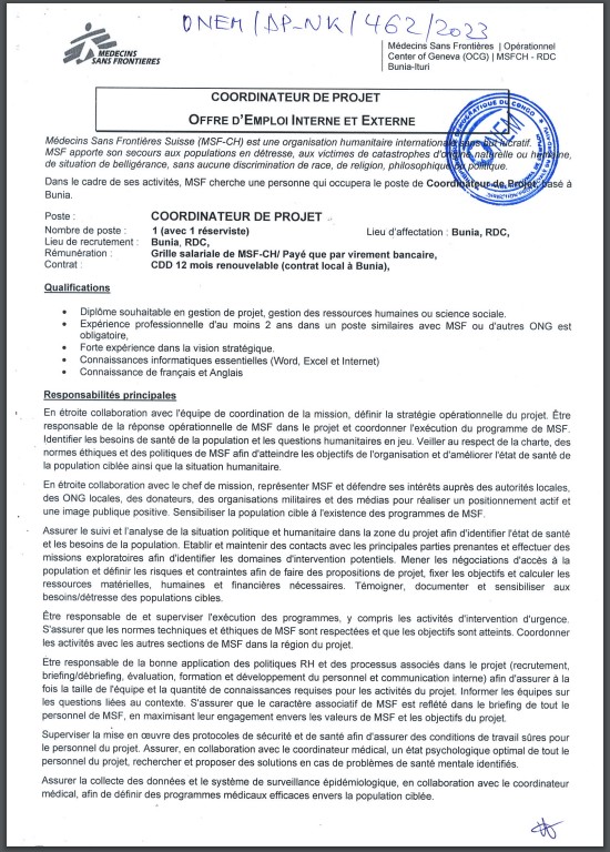 OFFRE D'EMPLOI : Médecins Sans Frontière Suisse recrute un Coordinateur de Projet