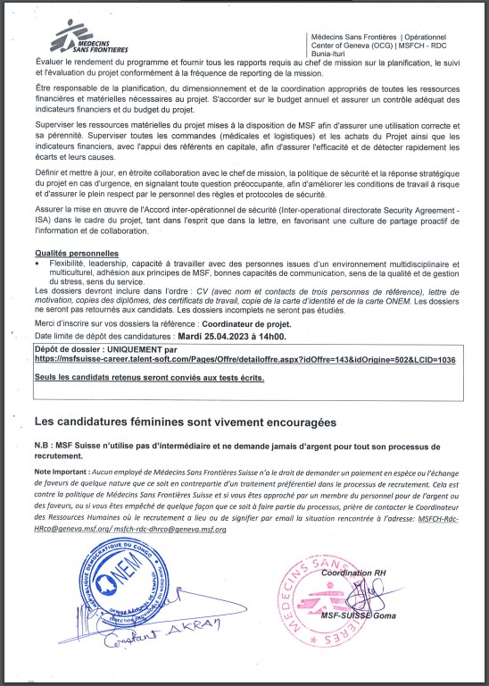 OFFRE D'EMPLOI : Médecins Sans Frontière Suisse recrute un Coordinateur de Projet