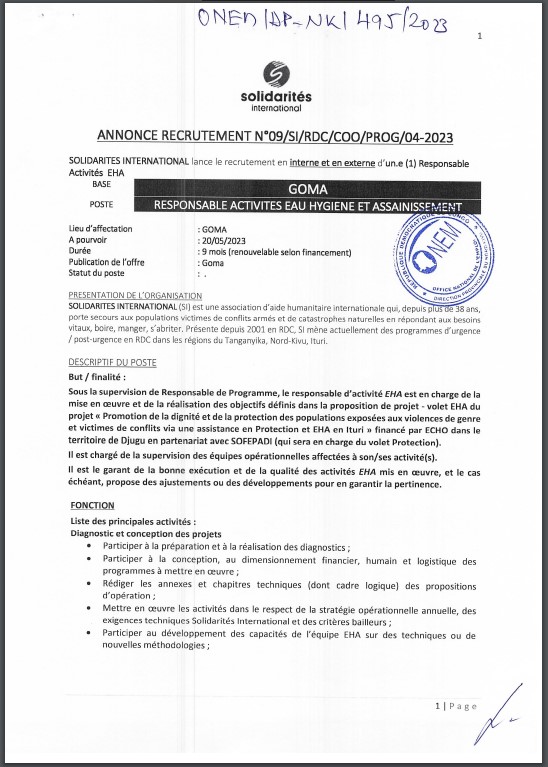 OFFRE D'EMPLOI : SOLIDARITE INTERNATIONAL recrute un Responsable Activités EHA