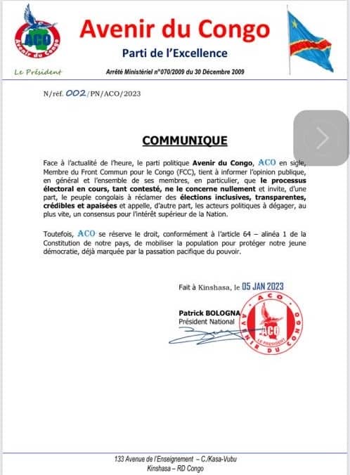 RDC : Le parti politique ACO de Patrick Bologna appelle à des élections inclusives, transparentes, crédibles et apaisées