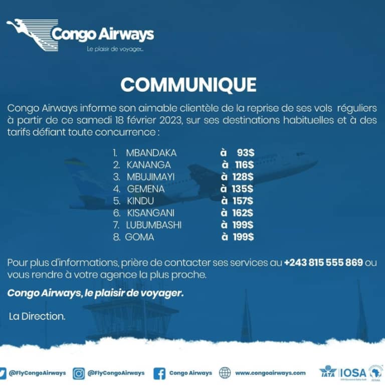 RDC : “Début ce samedi 18 février des vols réguliers de Congo Airways” (Communiqué)