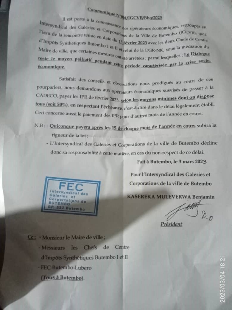 Nord-Kivu : L’Intersyndical des Galeries et Corporations de Butembo appelle ses membres à payer les 50% des impôts et taxes