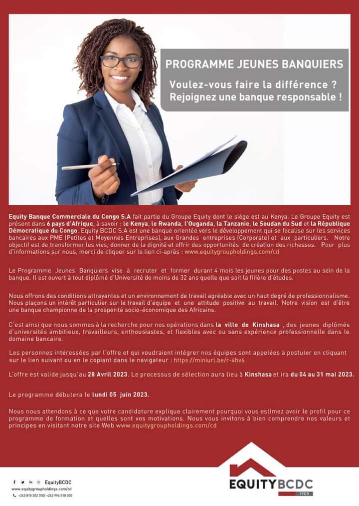 OFFRE D'EMPLOI : Programme Jeunes Banquiers, Equity BCDC recrute de nouveaux talents à Kinshasa