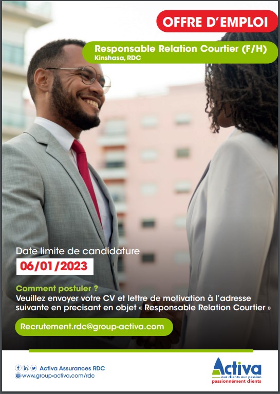 OFFRE D'EMPLOI : La Société ACTIVA Assurances RDC recrute un Responsable Relation Courtier (F/H)