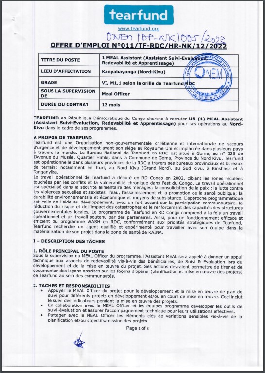 OFFRE D'EMPLOI : TEARFUND recrute 1 MEAL Assistant (Assistant Suivi-Evaluation, Redevabilité et Apprentissage)