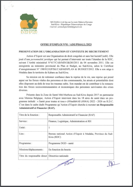 OFFRE D'EMPLOI : Action Espoir recrute un Responsable Administratif et Financier (RAF)