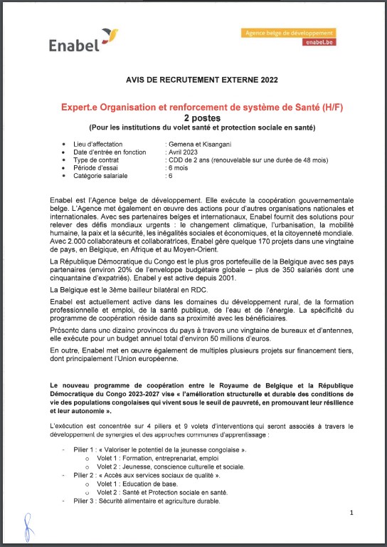 OFFRE D'EMPLOI : Enabel recrute des Expert(es) Organisation et renforcement de système de Santé (H/F)