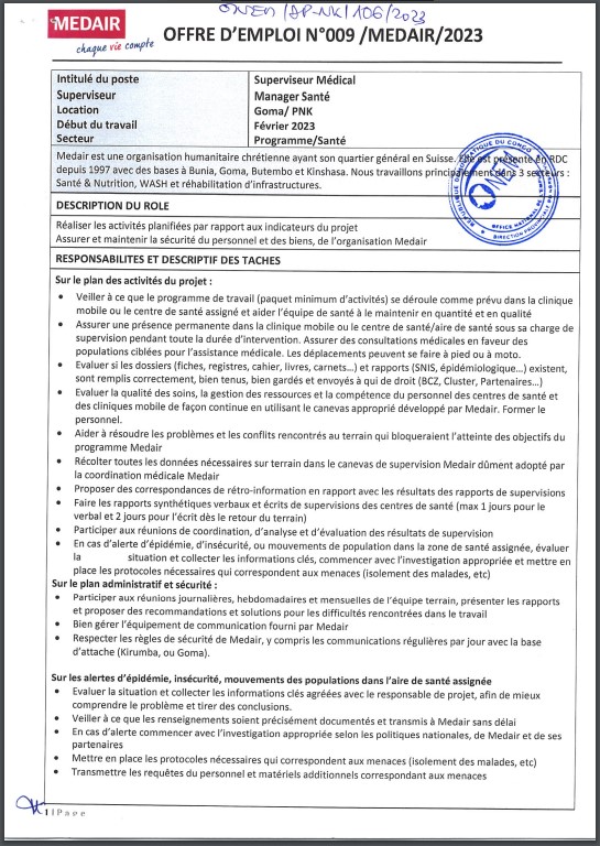 OFFRE D'EMPLOI : MEDAIR recrute un Superviseur Médical