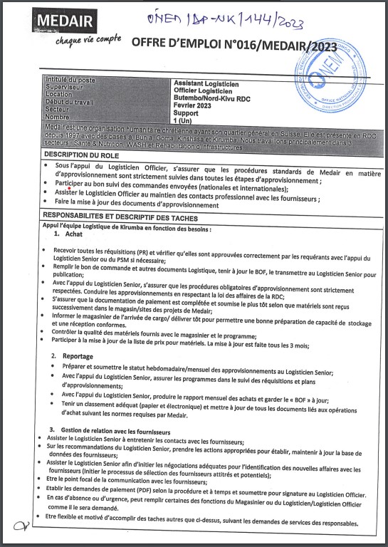 OFFRE D'EMPLOI : MEDAIR recrute un Assistant logisticien