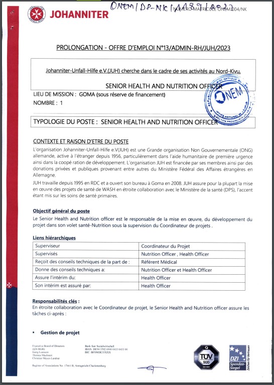 OFFRE D'EMPLOI : JOHANNITER recrute un Senior Health And Nutrition Officer