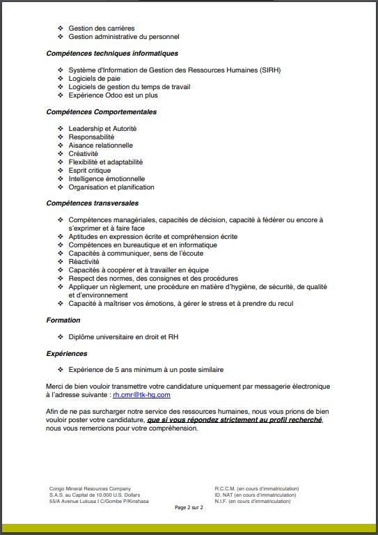 OFFRE D'EMPLOI : CONGO MINERAL RESOURCES recrute un Chargé des Ressources Humaines