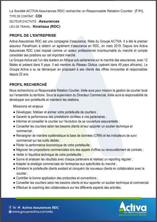 OFFRE D'EMPLOI : La Société ACTIVA Assurances RDC recrute un Responsable Relation Courtier (F/H)