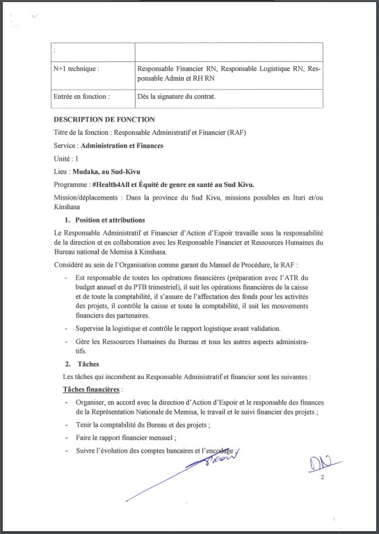 OFFRE D'EMPLOI : Action Espoir recrute un Responsable Administratif et Financier (RAF)