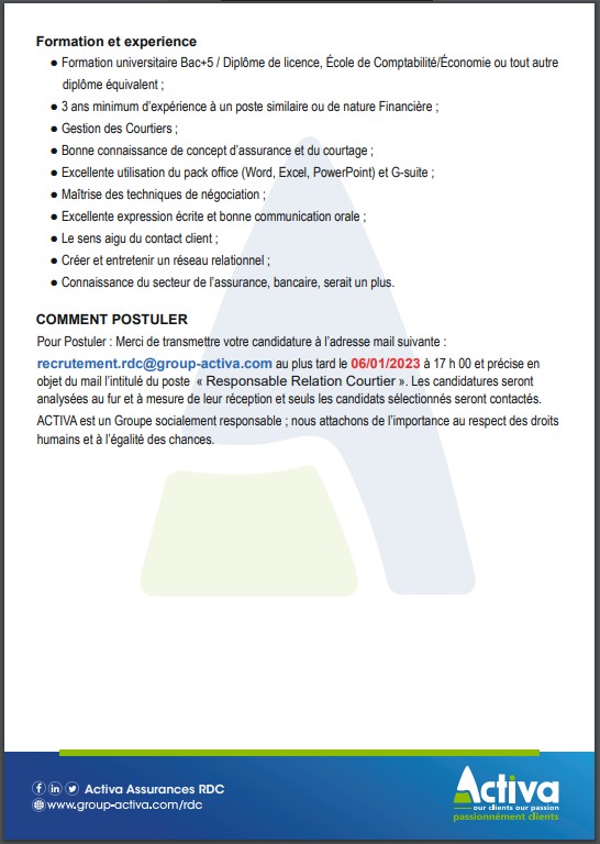 OFFRE D'EMPLOI : La Société ACTIVA Assurances RDC recrute un Responsable Relation Courtier (F/H)