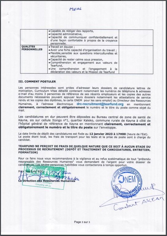 OFFRE D'EMPLOI : TEARFUND recrute 1 MEAL Assistant (Assistant Suivi-Evaluation, Redevabilité et Apprentissage)