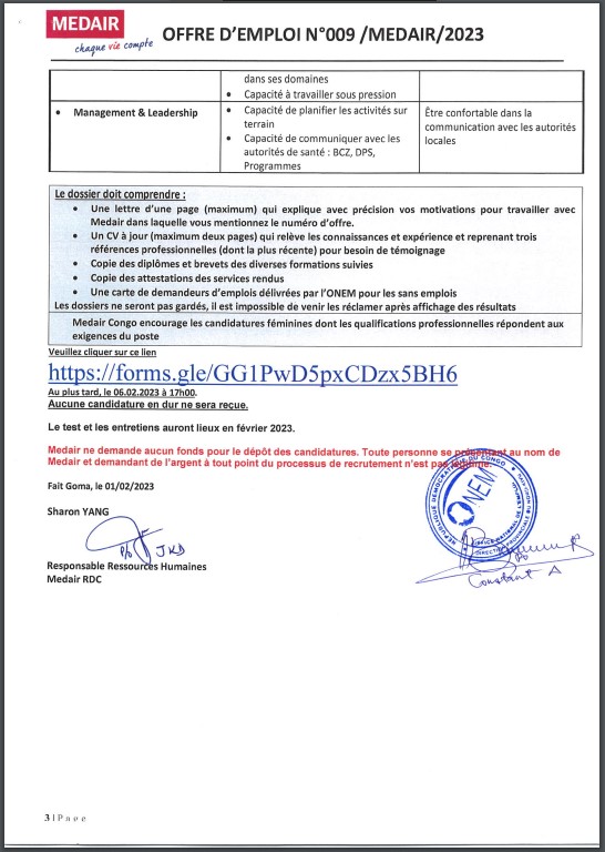 OFFRE D'EMPLOI : MEDAIR recrute un Superviseur Médical