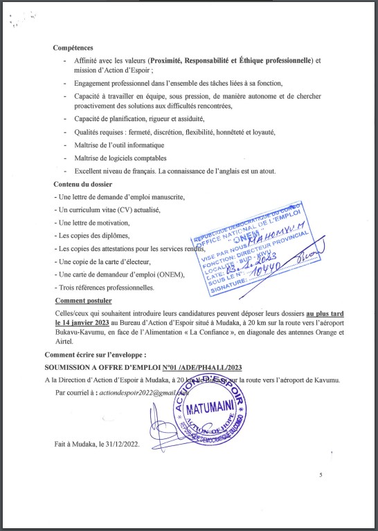 OFFRE D'EMPLOI : Action Espoir recrute un Responsable Administratif et Financier (RAF)