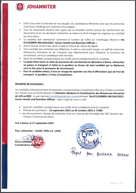 OFFRE D'EMPLOI : JOHANNITER recrute un Senior Health And Nutrition Officer
