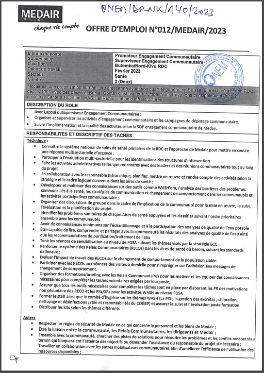OFFRE D'EMPLOI : MEDAIR recrute un Promoteur Engagement Communautaire