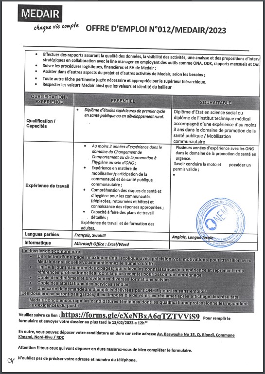 OFFRE D'EMPLOI : MEDAIR recrute un Promoteur Engagement Communautaire