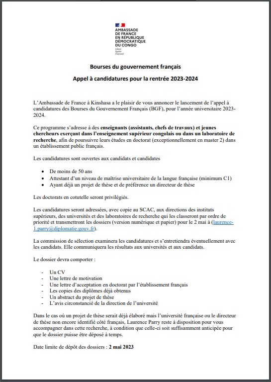 Appel à candidatures des Bourses du Gouvernement Français (BGF)