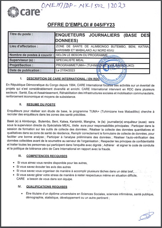 OFFRE D'EMPLOI : CARE International recrute un Enquêteurs Journaliers (Base Des Données)