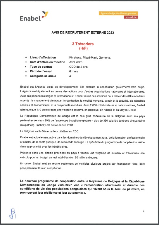 OFFRE D'EMPLOI : Enabel recrute 3 Trésoriers