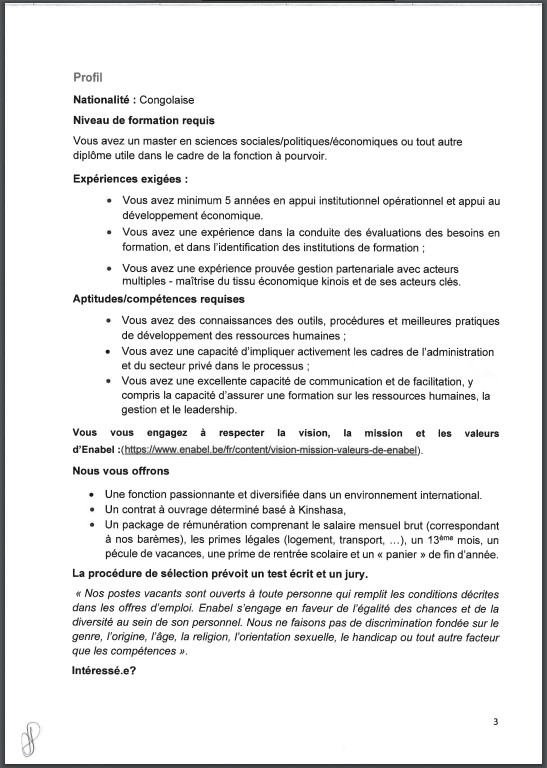 OFFRE D'EMPLOI : Enabel recrute un expert(e) en gouvernance et en développement économique (Projet Kin-Emploi)