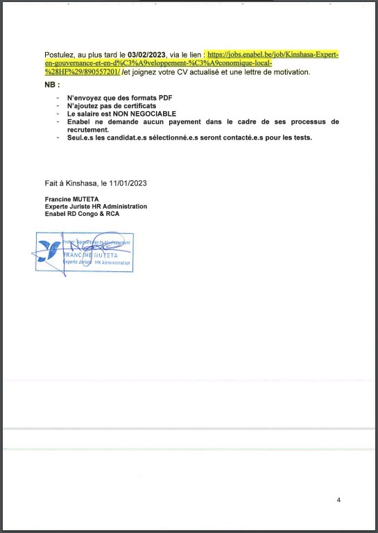 OFFRE D'EMPLOI : Enabel recrute un expert(e) en gouvernance et en développement économique (Projet Kin-Emploi)