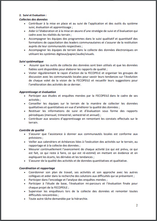 OFFRE D'EMPLOI : La FECOPEILE recrute un Chargé de la Cartographie, Suivi et Evaluation