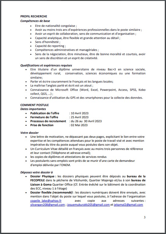 OFFRE D'EMPLOI : La FECOPEILE recrute un Chargé de la Cartographie, Suivi et Evaluation