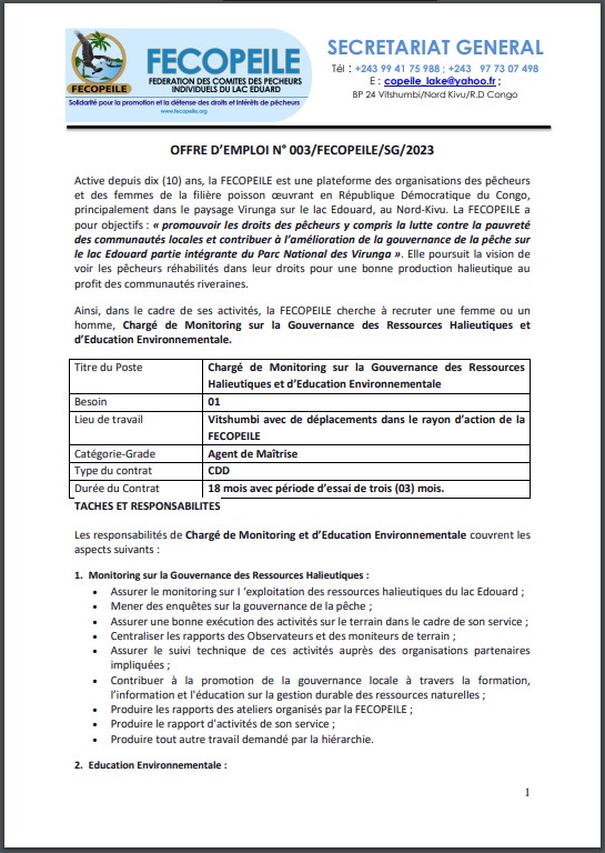 OFFRE D'EMPLOI : La FECOPEILE recrute un Chargé de Monitoring sur la Gouvernance des Ressources Halieutiques et d’Education Environnementale