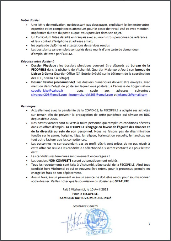 OFFRE D'EMPLOI : La FECOPEILE recrute un Chargé de Monitoring sur la Gouvernance des Ressources Halieutiques et d’Education Environnementale