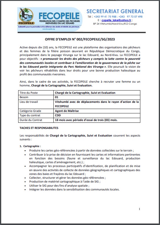 OFFRE D'EMPLOI : La FECOPEILE recrute un Chargé de la Cartographie, Suivi et Evaluation