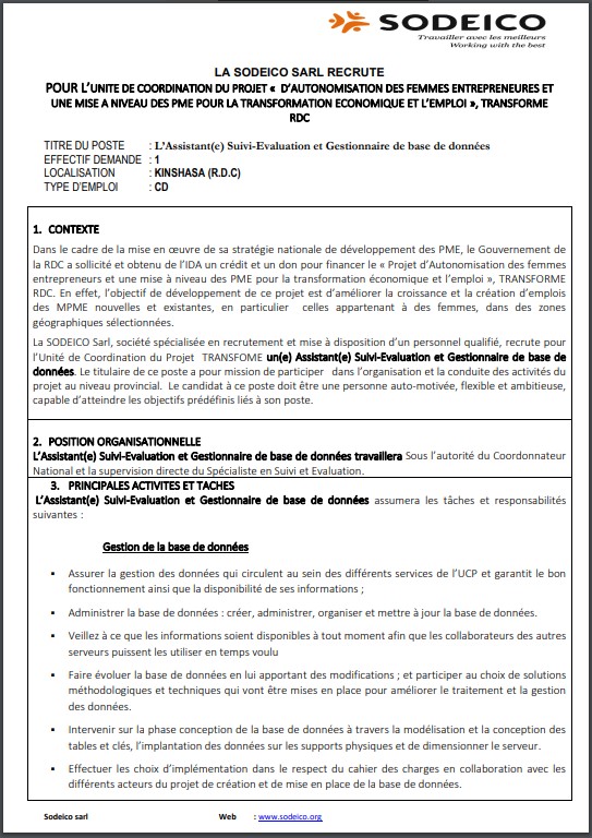 OFFRE D'EMPLOI : La SODEICO recrute un L’Assistant(e) Suivi-Evaluation et Gestionnaire de base de données