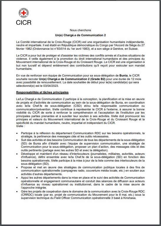 Le CICR recrute un(e) chargé(e) de communication 2 pour Bunia