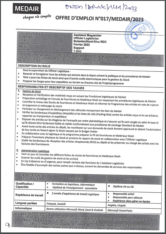 OFFRE D'EMPLOI : MEDAIR recrute un Assistant Magasinier